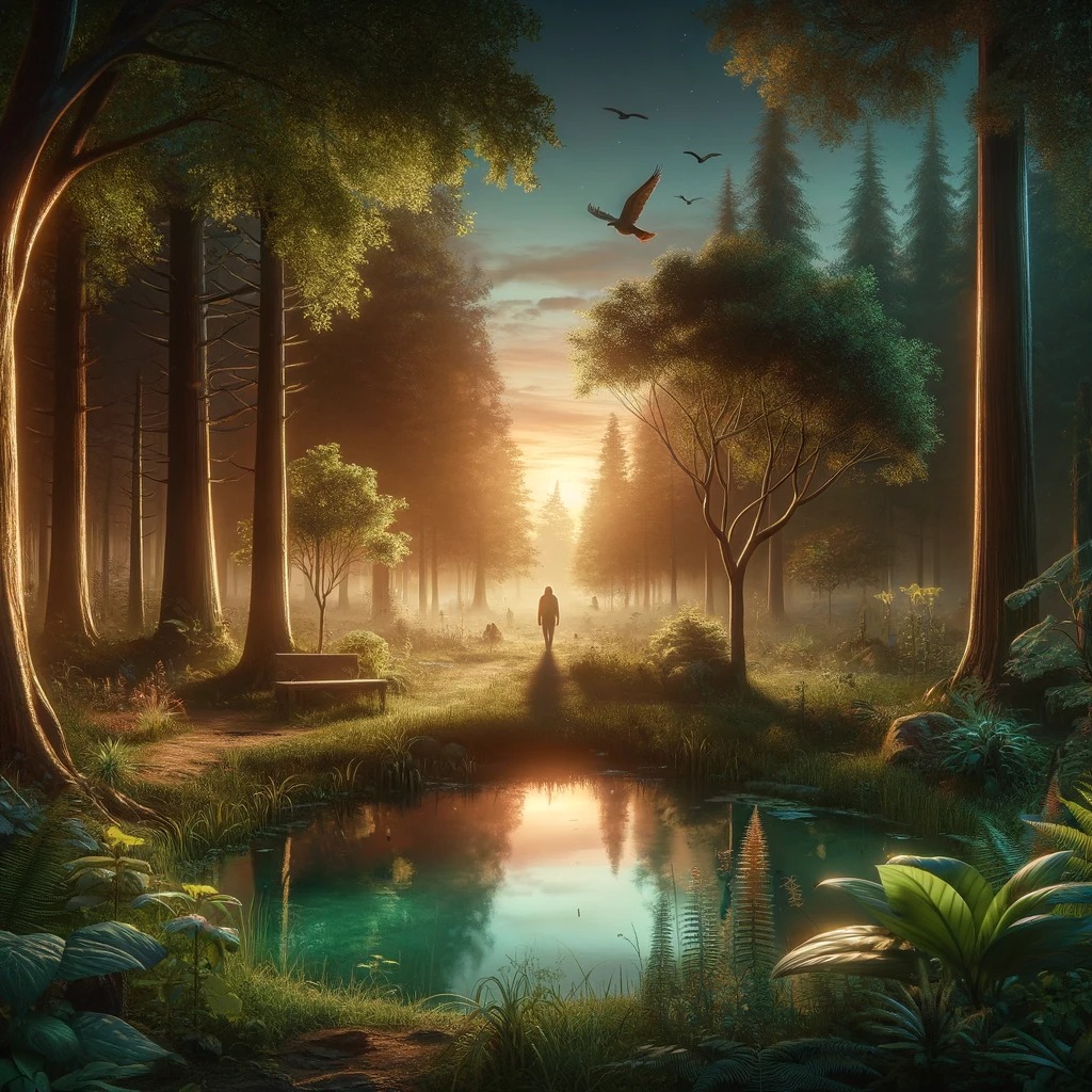 lesní klid, zrcadlí cestu k duchovnímu probuzení a vnitřnímu klidu a míru                                  